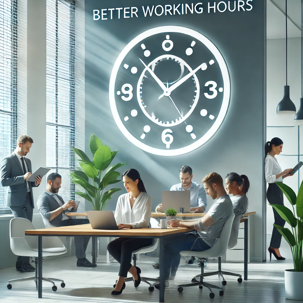 Oficina moderna con reloj que simboliza reducción de jornada
